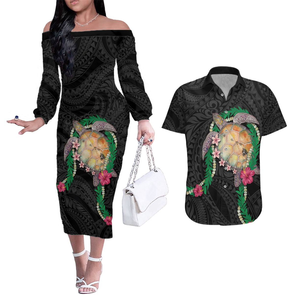 Hawaii Pikake and Maile Lei Couples Matching Off The Shoulder Long Sleeve Dress and Hawaiian Shirt Honu Polynesian Pattern Black Color