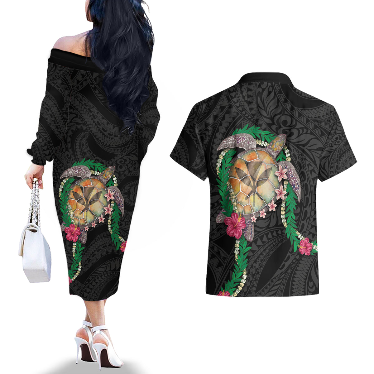 Hawaii Pikake and Maile Lei Couples Matching Off The Shoulder Long Sleeve Dress and Hawaiian Shirt Honu Polynesian Pattern Black Color
