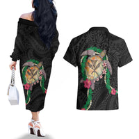 Hawaii Pikake and Maile Lei Couples Matching Off The Shoulder Long Sleeve Dress and Hawaiian Shirt Honu Polynesian Pattern Black Color