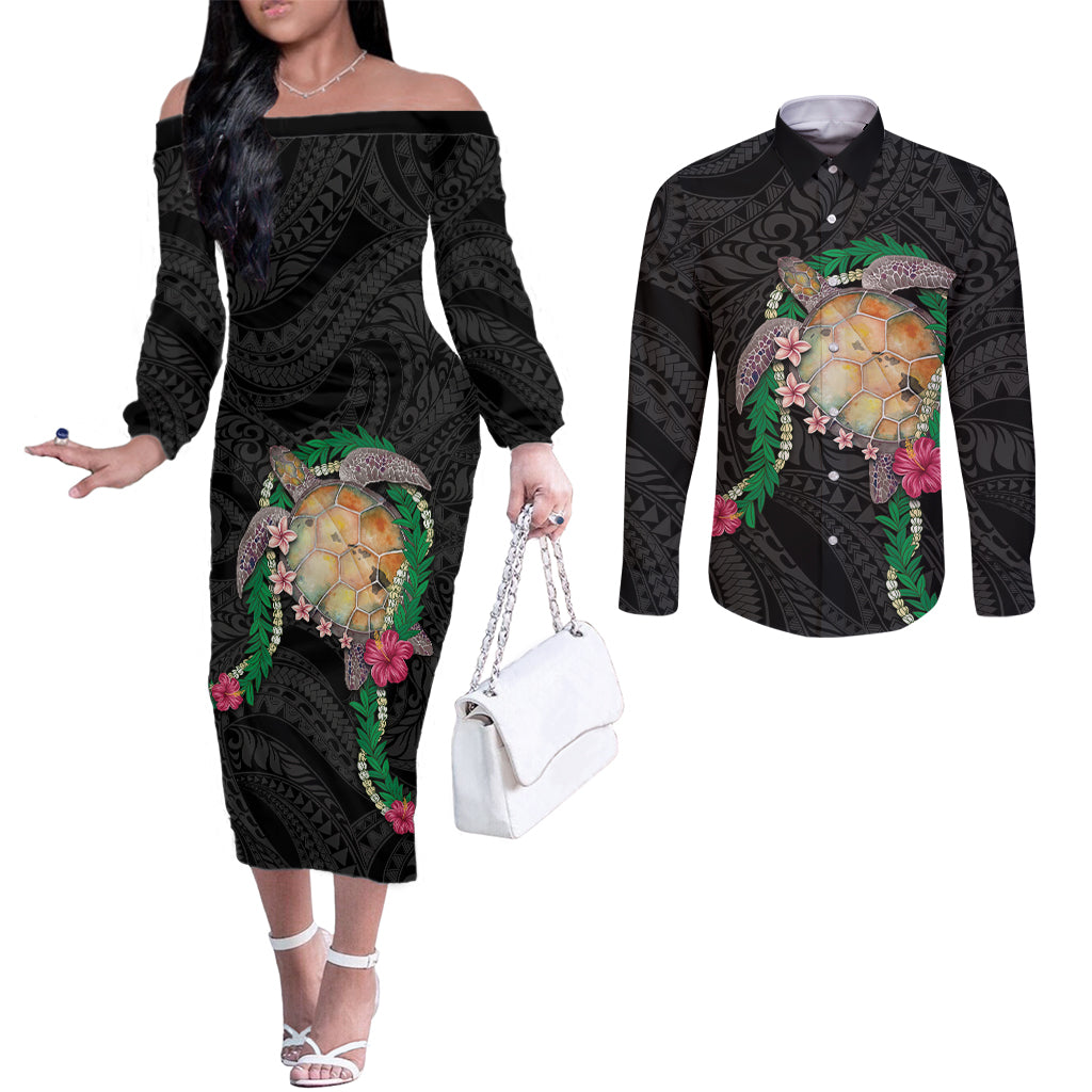 Hawaii Pikake and Maile Lei Couples Matching Off The Shoulder Long Sleeve Dress and Long Sleeve Button Shirt Honu Polynesian Pattern Black Color