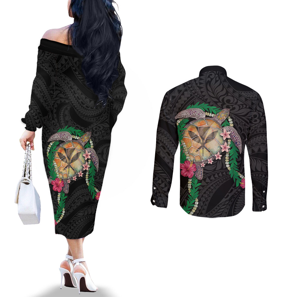 Hawaii Pikake and Maile Lei Couples Matching Off The Shoulder Long Sleeve Dress and Long Sleeve Button Shirt Honu Polynesian Pattern Black Color