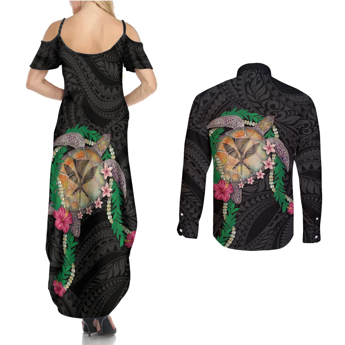Hawaii Pikake and Maile Lei Couples Matching Summer Maxi Dress and Long Sleeve Button Shirt Honu Polynesian Pattern Black Color