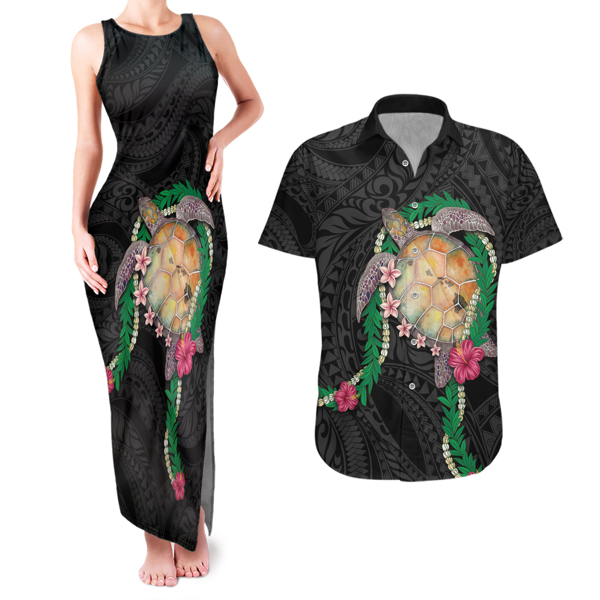 Hawaii Pikake and Maile Lei Couples Matching Tank Maxi Dress and Hawaiian Shirt Honu Polynesian Pattern Black Color