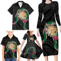 Hawaii Pikake and Maile Lei Family Matching Long Sleeve Bodycon Dress and Hawaiian Shirt Honu Polynesian Pattern Black Color LT03 - Polynesian Pride