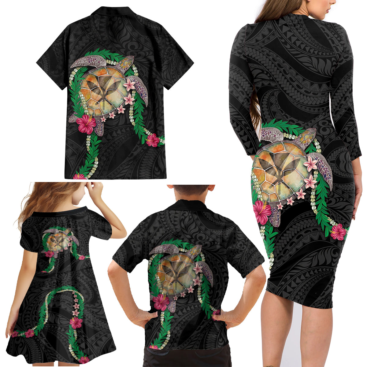 Hawaii Pikake and Maile Lei Family Matching Long Sleeve Bodycon Dress and Hawaiian Shirt Honu Polynesian Pattern Black Color LT03 - Polynesian Pride