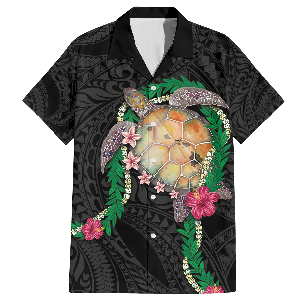 Hawaii Pikake and Maile Lei Family Matching Long Sleeve Bodycon Dress and Hawaiian Shirt Honu Polynesian Pattern Black Color LT03 Dad's Shirt - Short Sleeve Black - Polynesian Pride
