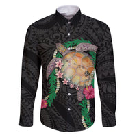 Hawaii Pikake and Maile Lei Family Matching Long Sleeve Bodycon Dress and Hawaiian Shirt Honu Polynesian Pattern Black Color LT03 Dad's Shirt - Long Sleeve Black - Polynesian Pride