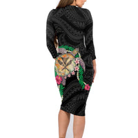 Hawaii Pikake and Maile Lei Family Matching Long Sleeve Bodycon Dress and Hawaiian Shirt Honu Polynesian Pattern Black Color LT03 - Polynesian Pride