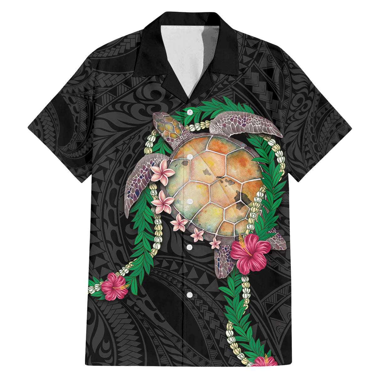 Hawaii Pikake and Maile Lei Family Matching Mermaid Dress and Hawaiian Shirt Honu Polynesian Pattern Black Color LT03 Dad's Shirt - Short Sleeve Black - Polynesian Pride
