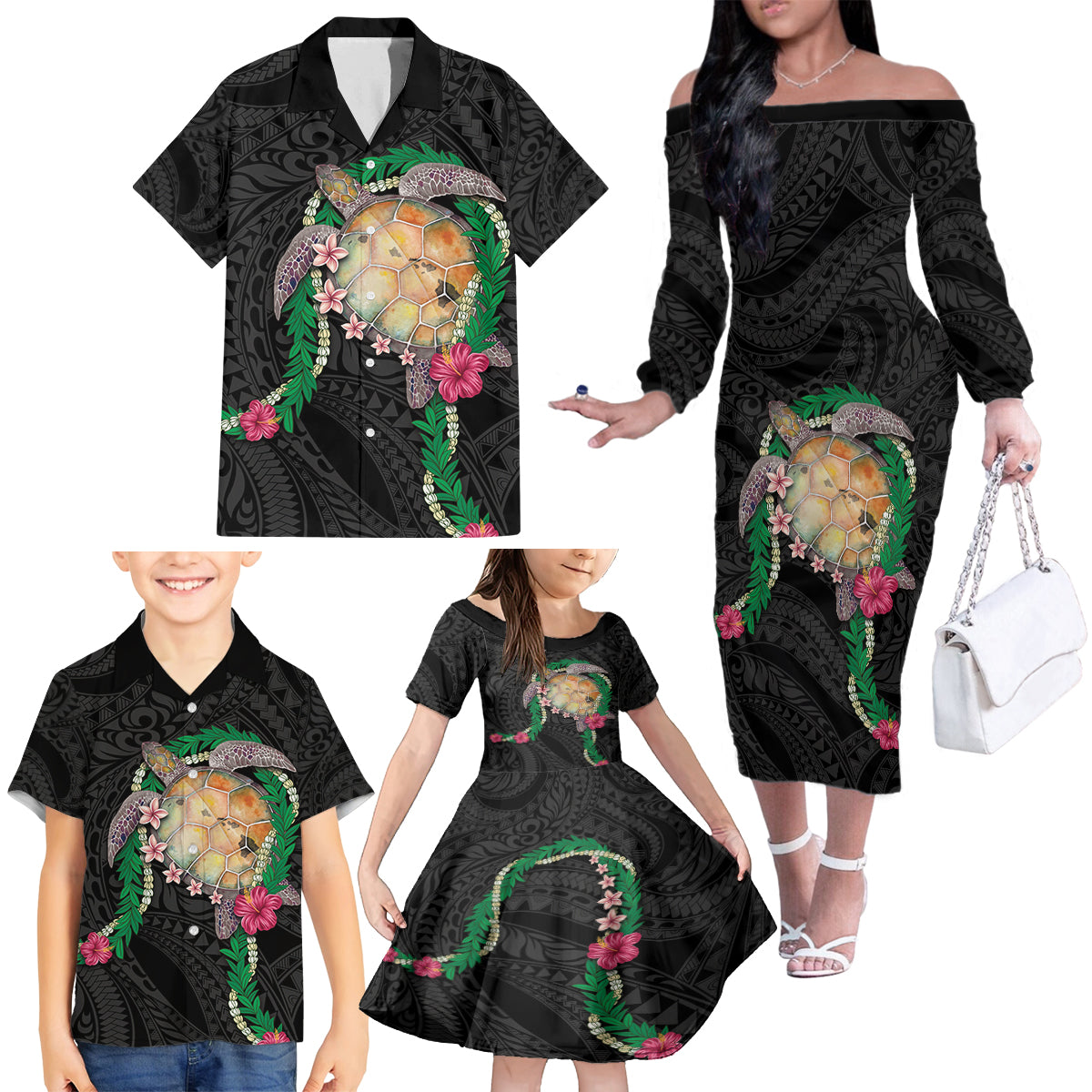 Hawaii Pikake and Maile Lei Family Matching Off The Shoulder Long Sleeve Dress and Hawaiian Shirt Honu Polynesian Pattern Black Color LT03 - Polynesian Pride