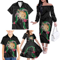 Hawaii Pikake and Maile Lei Family Matching Off The Shoulder Long Sleeve Dress and Hawaiian Shirt Honu Polynesian Pattern Black Color LT03 - Polynesian Pride