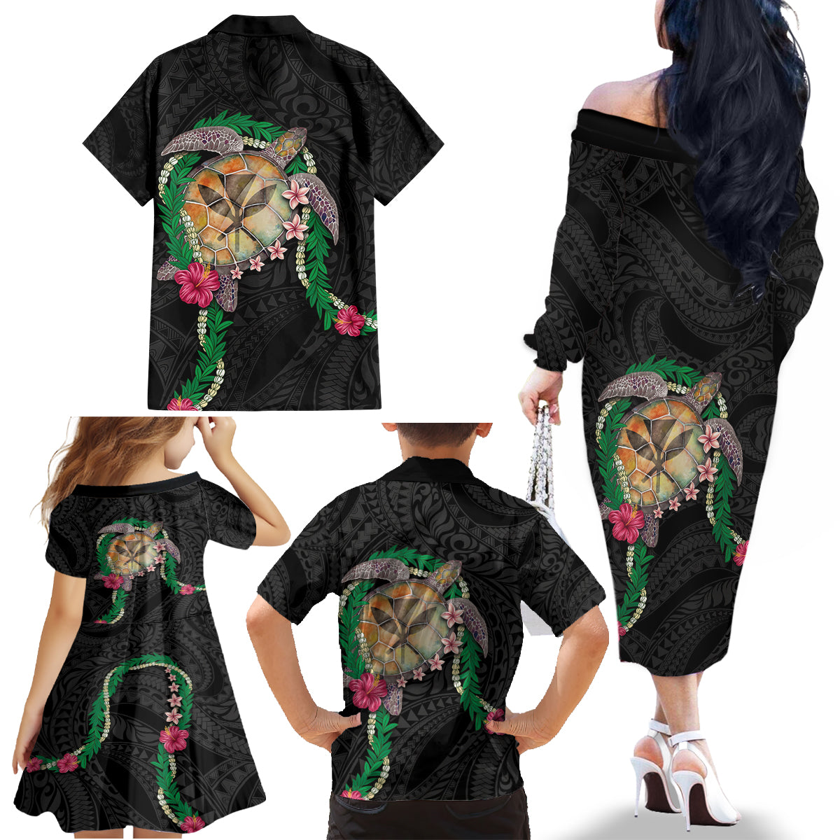 Hawaii Pikake and Maile Lei Family Matching Off The Shoulder Long Sleeve Dress and Hawaiian Shirt Honu Polynesian Pattern Black Color LT03 - Polynesian Pride