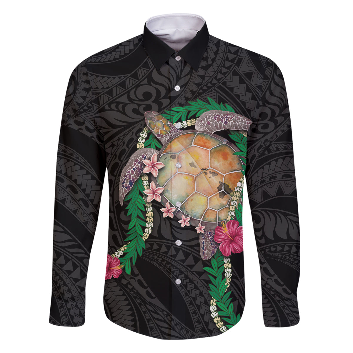 Hawaii Pikake and Maile Lei Family Matching Off The Shoulder Long Sleeve Dress and Hawaiian Shirt Honu Polynesian Pattern Black Color LT03 Dad's Shirt - Long Sleeve Black - Polynesian Pride