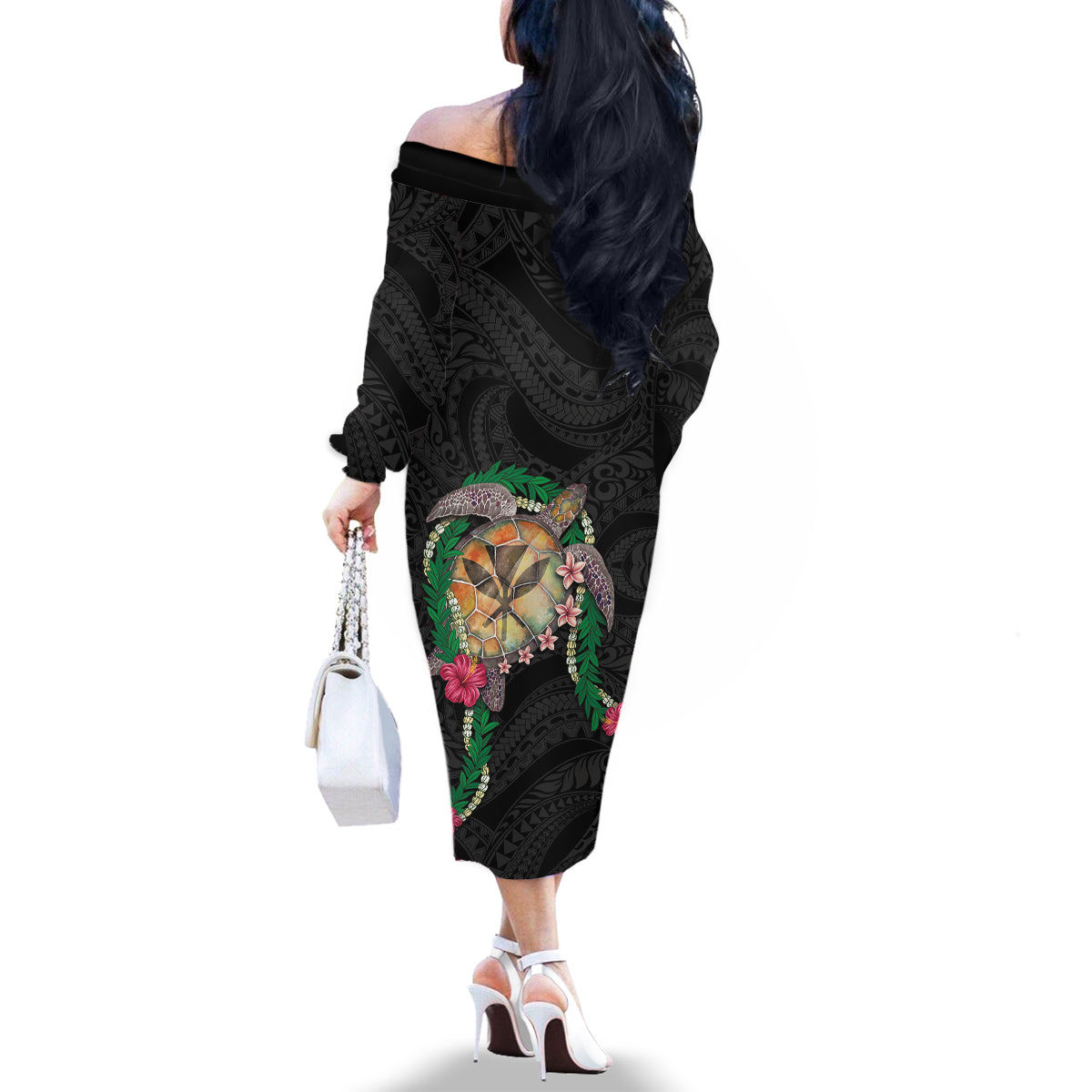 Hawaii Pikake and Maile Lei Family Matching Off The Shoulder Long Sleeve Dress and Hawaiian Shirt Honu Polynesian Pattern Black Color LT03 - Polynesian Pride