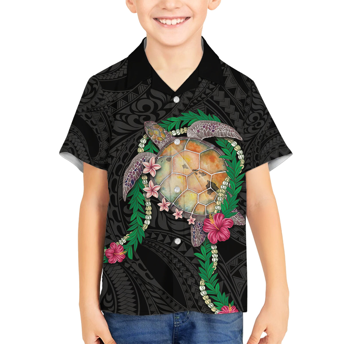 Hawaii Pikake and Maile Lei Family Matching Off The Shoulder Long Sleeve Dress and Hawaiian Shirt Honu Polynesian Pattern Black Color LT03 Son's Shirt Black - Polynesian Pride