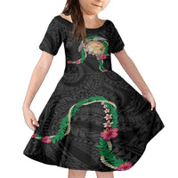 Hawaii Pikake and Maile Lei Family Matching Short Sleeve Bodycon Dress and Hawaiian Shirt Honu Polynesian Pattern Black Color LT03 Daughter's Dress Black - Polynesian Pride