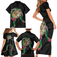 Hawaii Pikake and Maile Lei Family Matching Short Sleeve Bodycon Dress and Hawaiian Shirt Honu Polynesian Pattern Black Color LT03 - Polynesian Pride