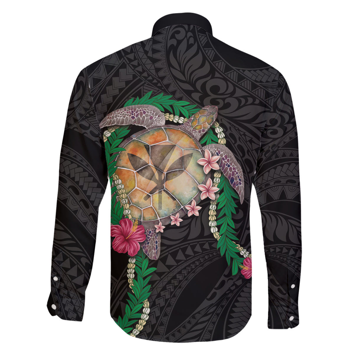Hawaii Pikake and Maile Lei Family Matching Short Sleeve Bodycon Dress and Hawaiian Shirt Honu Polynesian Pattern Black Color LT03 - Polynesian Pride