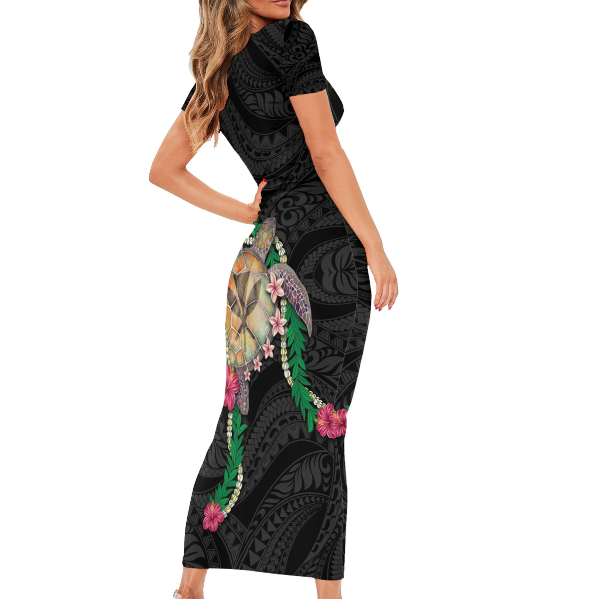 Hawaii Pikake and Maile Lei Family Matching Short Sleeve Bodycon Dress and Hawaiian Shirt Honu Polynesian Pattern Black Color LT03 - Polynesian Pride
