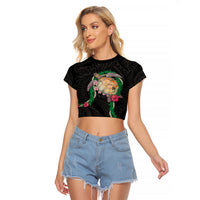 Hawaii Pikake and Maile Lei Raglan Cropped T Shirt Honu Polynesian Pattern Black Color