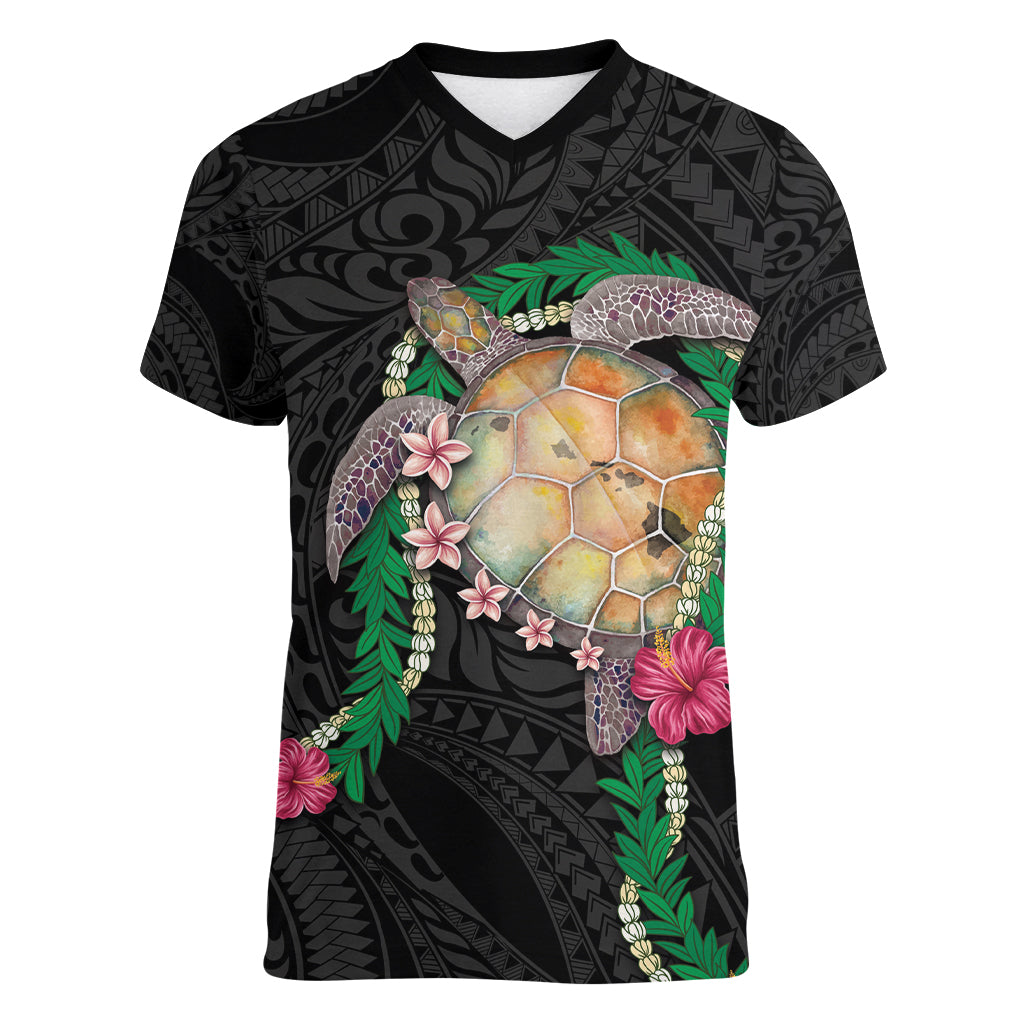 Hawaii Pikake and Maile Lei Women V-Neck T-Shirt Honu Polynesian Pattern Black Color