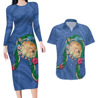 Hawaii Pikake and Maile Lei Couples Matching Long Sleeve Bodycon Dress and Hawaiian Shirt Honu Polynesian Pattern Blue Color
