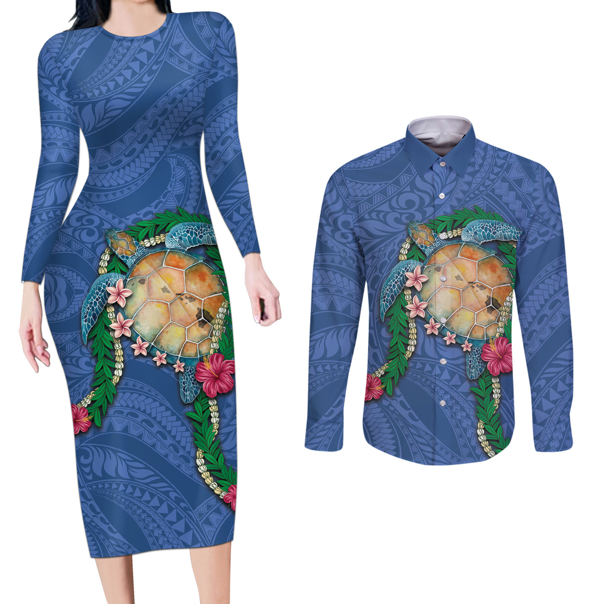 Hawaii Pikake and Maile Lei Couples Matching Long Sleeve Bodycon Dress and Long Sleeve Button Shirt Honu Polynesian Pattern Blue Color