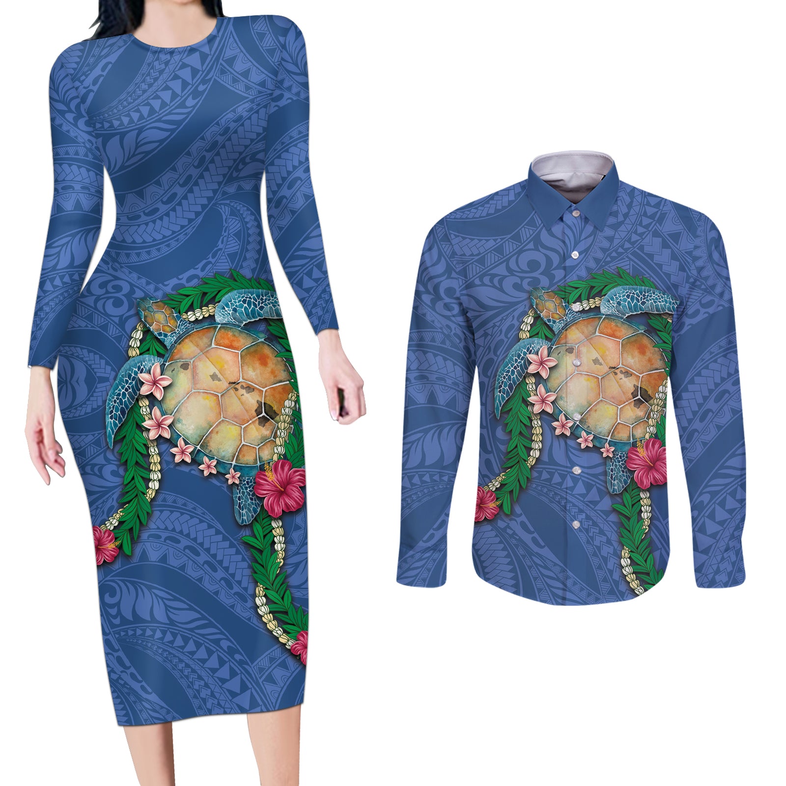 Hawaii Pikake and Maile Lei Couples Matching Long Sleeve Bodycon Dress and Long Sleeve Button Shirt Honu Polynesian Pattern Blue Color