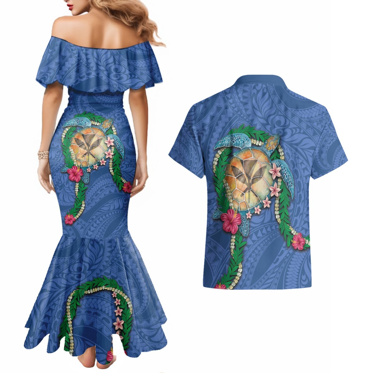 Hawaii Pikake and Maile Lei Couples Matching Mermaid Dress and Hawaiian Shirt Honu Polynesian Pattern Blue Color