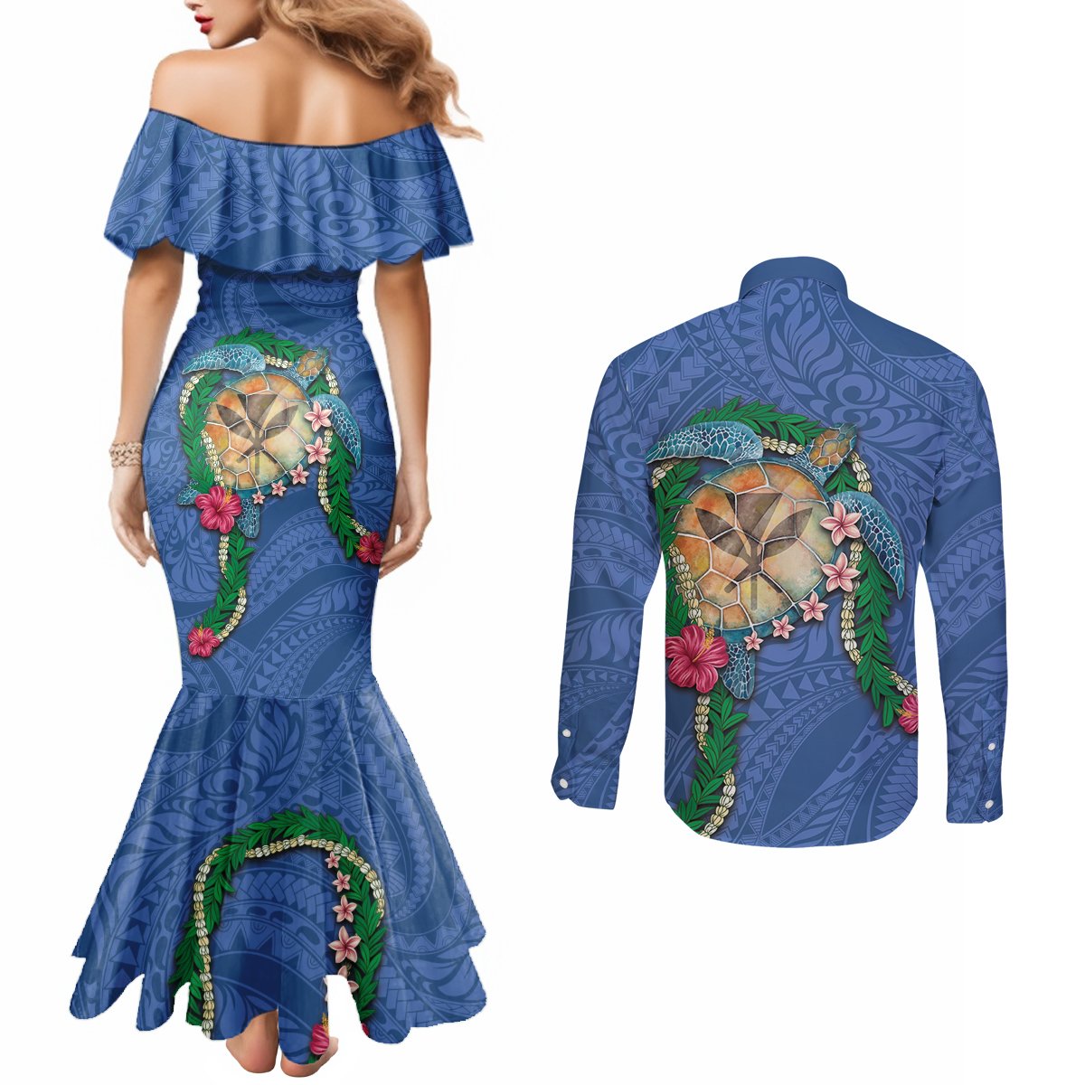 Hawaii Pikake and Maile Lei Couples Matching Mermaid Dress and Long Sleeve Button Shirt Honu Polynesian Pattern Blue Color