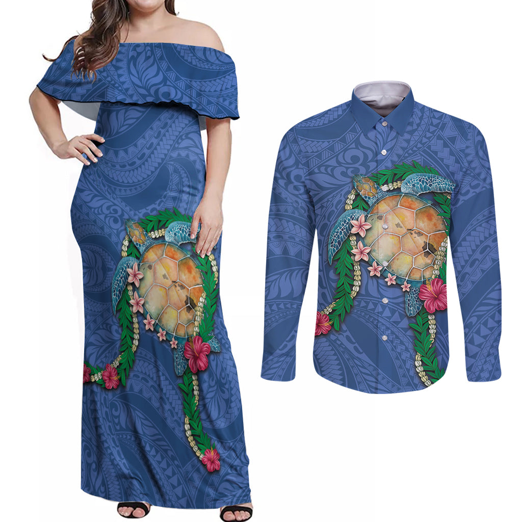 Hawaii Pikake and Maile Lei Couples Matching Off Shoulder Maxi Dress and Long Sleeve Button Shirt Honu Polynesian Pattern Blue Color