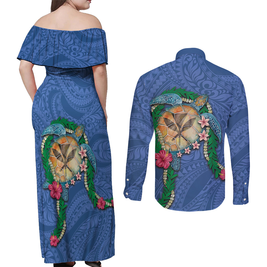 Hawaii Pikake and Maile Lei Couples Matching Off Shoulder Maxi Dress and Long Sleeve Button Shirt Honu Polynesian Pattern Blue Color