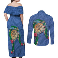 Hawaii Pikake and Maile Lei Couples Matching Off Shoulder Maxi Dress and Long Sleeve Button Shirt Honu Polynesian Pattern Blue Color