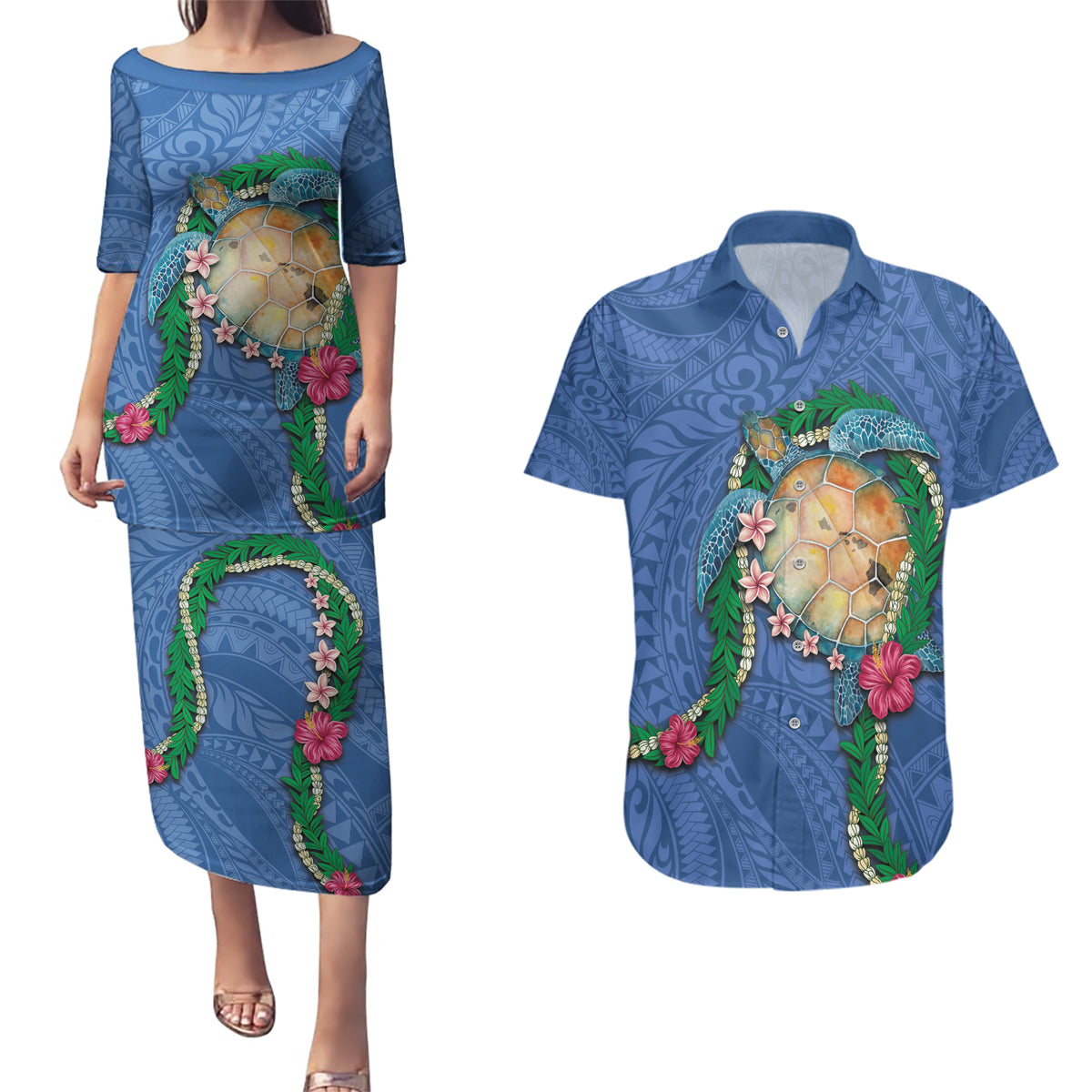Hawaii Pikake and Maile Lei Couples Matching Puletasi and Hawaiian Shirt Honu Polynesian Pattern Blue Color