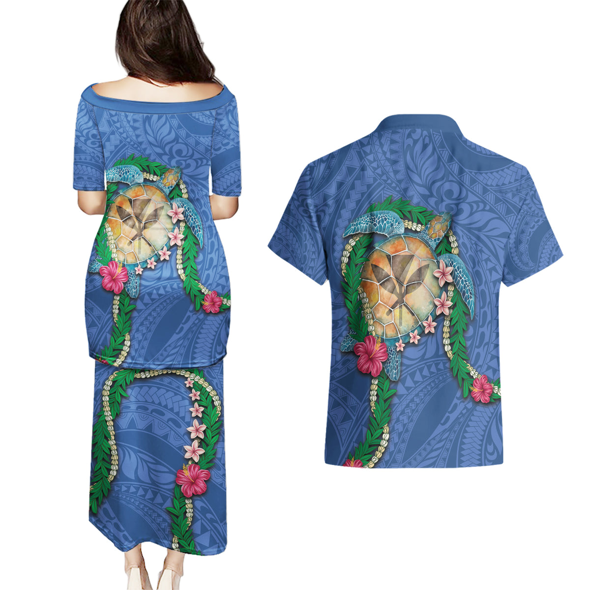 Hawaii Pikake and Maile Lei Couples Matching Puletasi and Hawaiian Shirt Honu Polynesian Pattern Blue Color