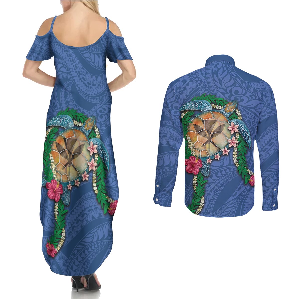 Hawaii Pikake and Maile Lei Couples Matching Summer Maxi Dress and Long Sleeve Button Shirt Honu Polynesian Pattern Blue Color