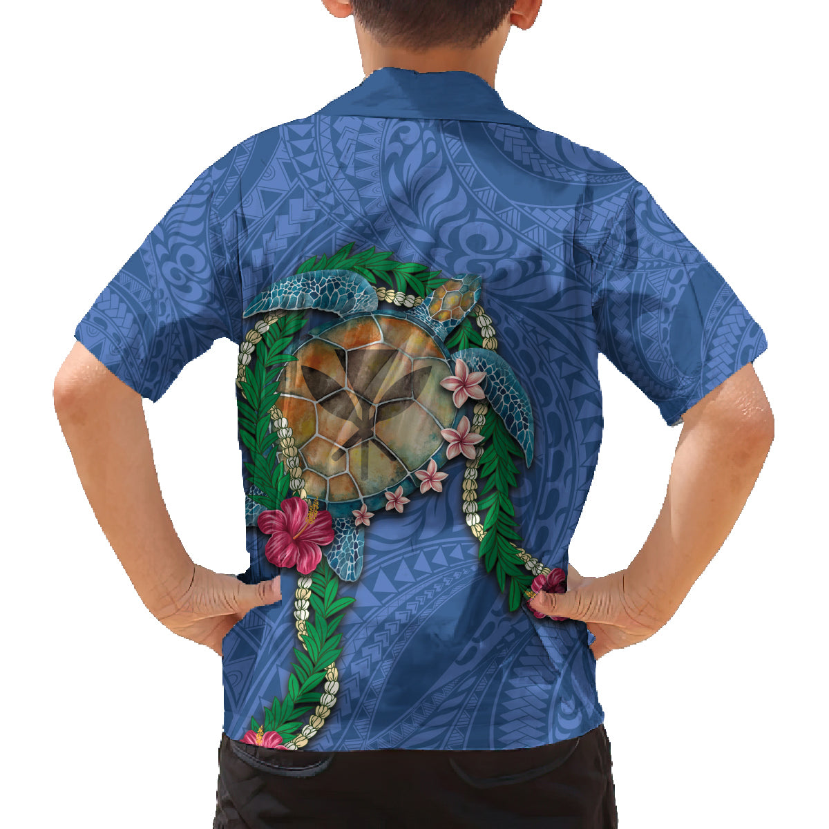 Hawaii Pikake and Maile Lei Family Matching Long Sleeve Bodycon Dress and Hawaiian Shirt Honu Polynesian Pattern Blue Color LT03 - Polynesian Pride