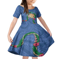 Hawaii Pikake and Maile Lei Family Matching Long Sleeve Bodycon Dress and Hawaiian Shirt Honu Polynesian Pattern Blue Color LT03 Daughter's Dress Blue - Polynesian Pride