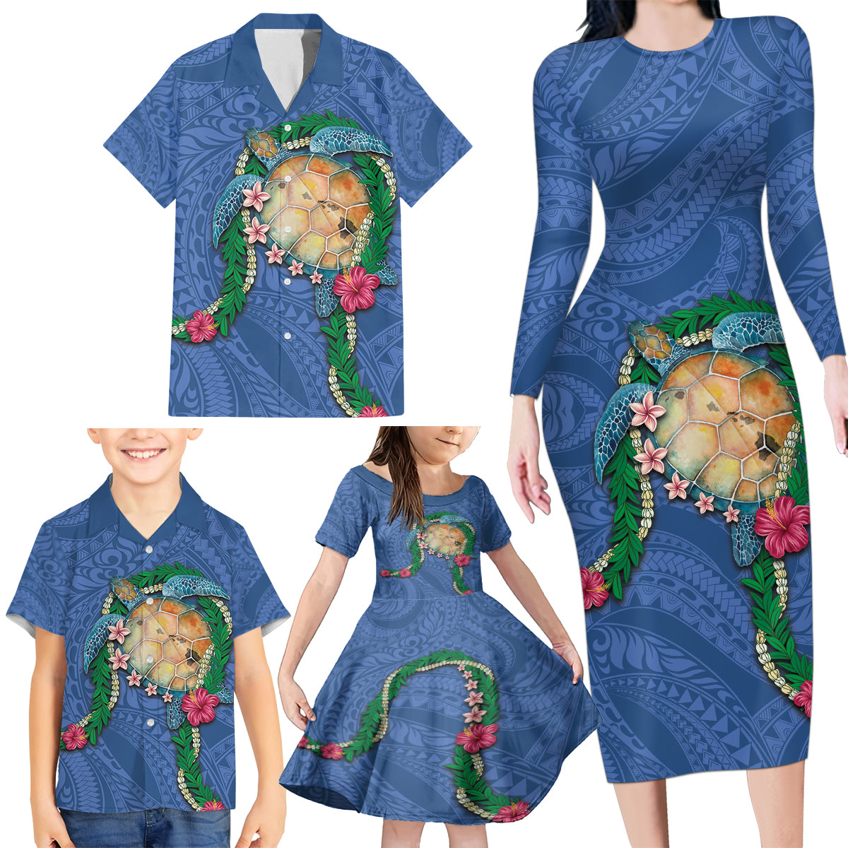 Hawaii Pikake and Maile Lei Family Matching Long Sleeve Bodycon Dress and Hawaiian Shirt Honu Polynesian Pattern Blue Color LT03 - Polynesian Pride