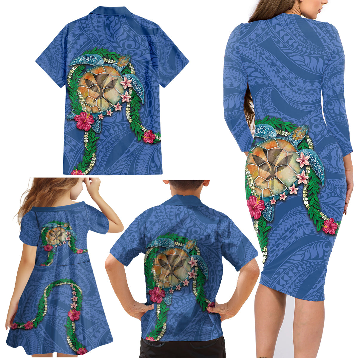 Hawaii Pikake and Maile Lei Family Matching Long Sleeve Bodycon Dress and Hawaiian Shirt Honu Polynesian Pattern Blue Color LT03 - Polynesian Pride