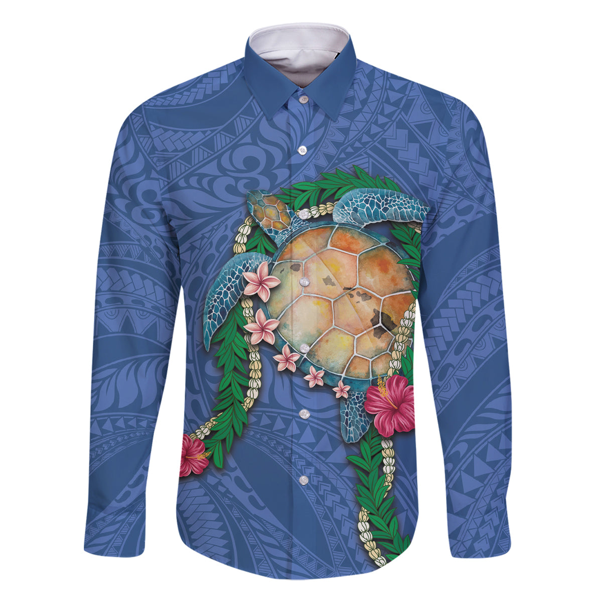 Hawaii Pikake and Maile Lei Family Matching Long Sleeve Bodycon Dress and Hawaiian Shirt Honu Polynesian Pattern Blue Color LT03 Dad's Shirt - Long Sleeve Blue - Polynesian Pride