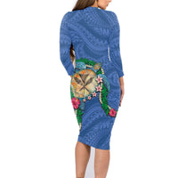 Hawaii Pikake and Maile Lei Family Matching Long Sleeve Bodycon Dress and Hawaiian Shirt Honu Polynesian Pattern Blue Color LT03 - Polynesian Pride