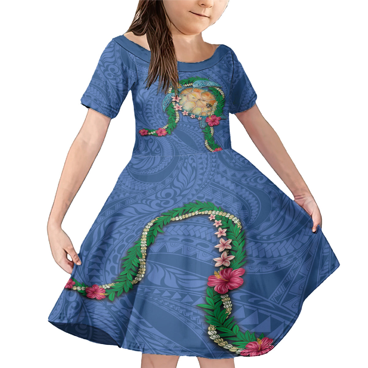 Hawaii Pikake and Maile Lei Family Matching Mermaid Dress and Hawaiian Shirt Honu Polynesian Pattern Blue Color LT03 Daughter's Dress Blue - Polynesian Pride