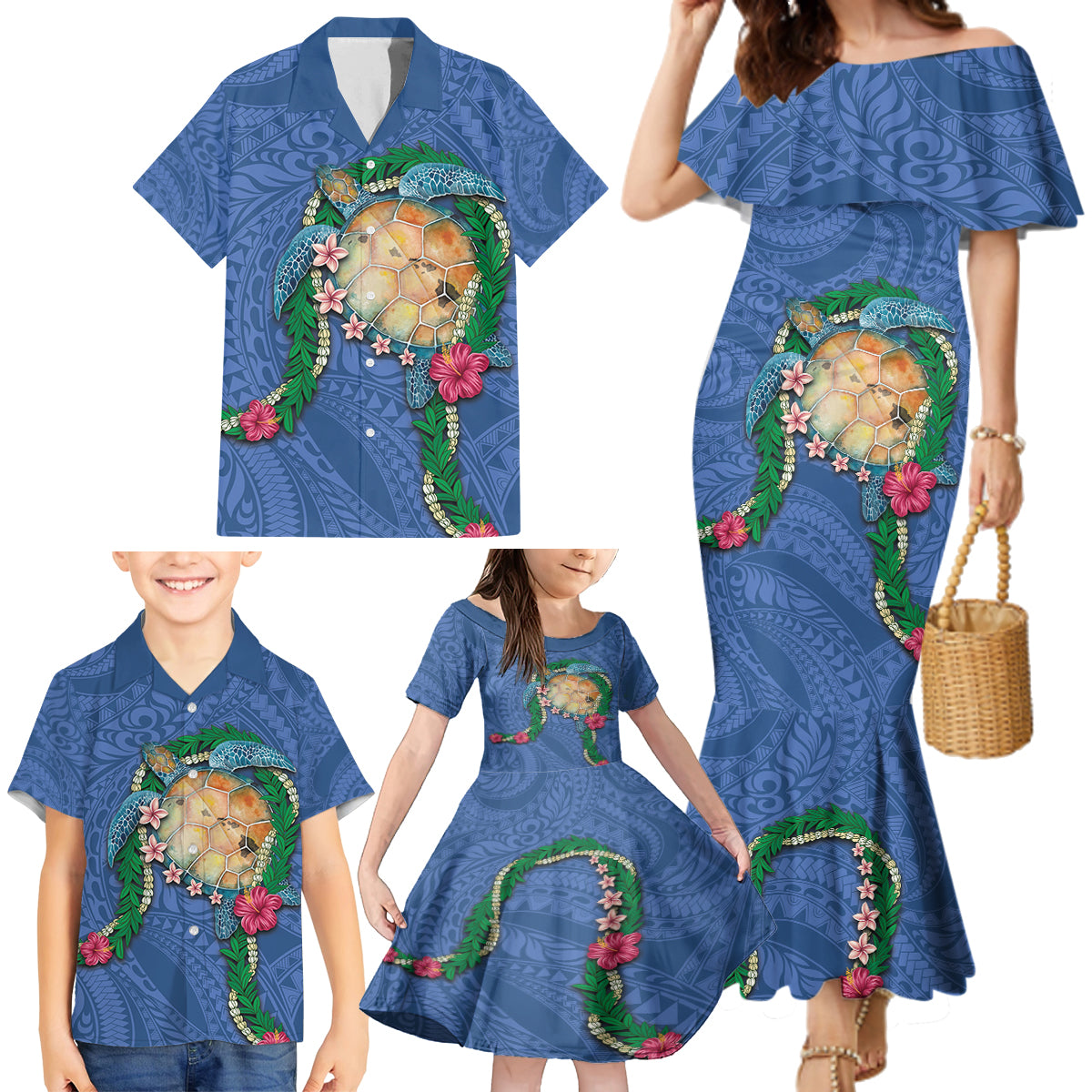 Hawaii Pikake and Maile Lei Family Matching Mermaid Dress and Hawaiian Shirt Honu Polynesian Pattern Blue Color LT03 - Polynesian Pride