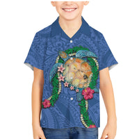 Hawaii Pikake and Maile Lei Family Matching Mermaid Dress and Hawaiian Shirt Honu Polynesian Pattern Blue Color LT03 Son's Shirt Blue - Polynesian Pride