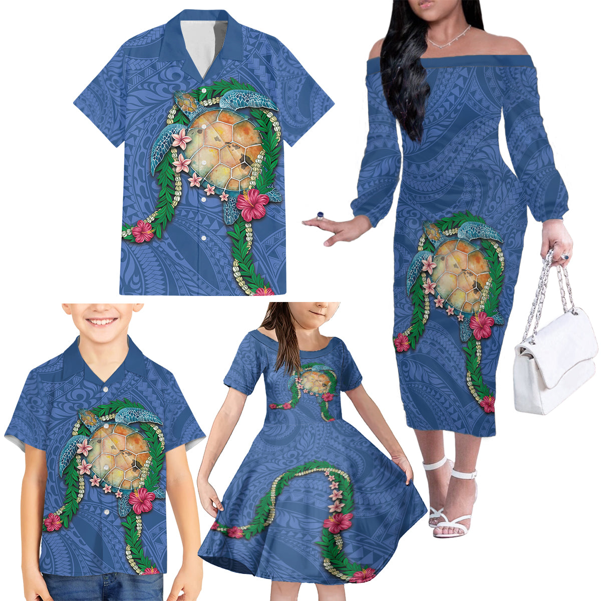 Hawaii Pikake and Maile Lei Family Matching Off The Shoulder Long Sleeve Dress and Hawaiian Shirt Honu Polynesian Pattern Blue Color LT03 - Polynesian Pride