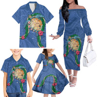 Hawaii Pikake and Maile Lei Family Matching Off The Shoulder Long Sleeve Dress and Hawaiian Shirt Honu Polynesian Pattern Blue Color LT03 - Polynesian Pride