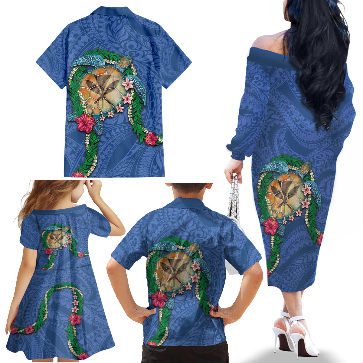 Hawaii Pikake and Maile Lei Family Matching Off The Shoulder Long Sleeve Dress and Hawaiian Shirt Honu Polynesian Pattern Blue Color LT03 - Polynesian Pride