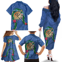Hawaii Pikake and Maile Lei Family Matching Off The Shoulder Long Sleeve Dress and Hawaiian Shirt Honu Polynesian Pattern Blue Color LT03 - Polynesian Pride