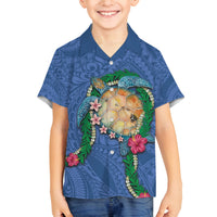 Hawaii Pikake and Maile Lei Family Matching Off The Shoulder Long Sleeve Dress and Hawaiian Shirt Honu Polynesian Pattern Blue Color LT03 Son's Shirt Blue - Polynesian Pride
